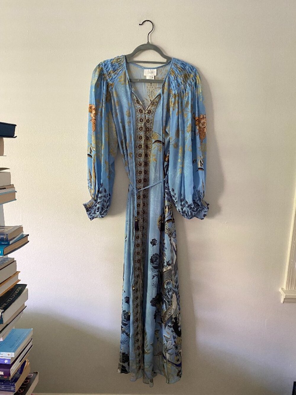 Camilla 100% Silk Long Sleeve Blue Peacock Smocked Tie Maxi Dress Small